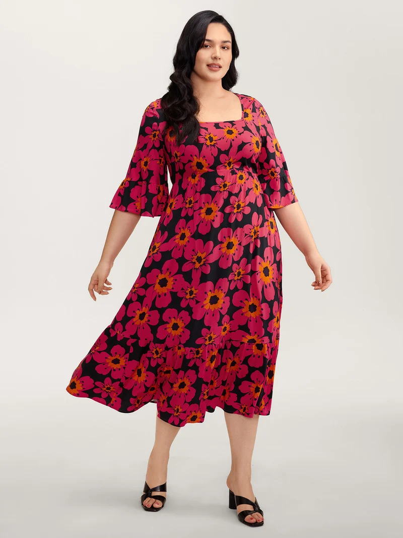 Floral Print Square Neck Pockets Maxi Dress