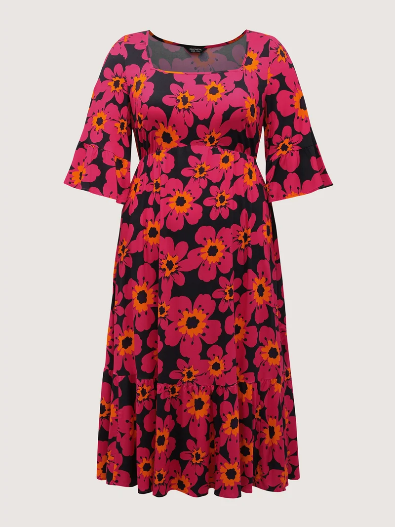 Floral Print Square Neck Pockets Maxi Dress