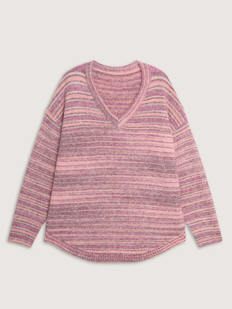 Ribbed Texture Curvy Hem V-Neck Pullover