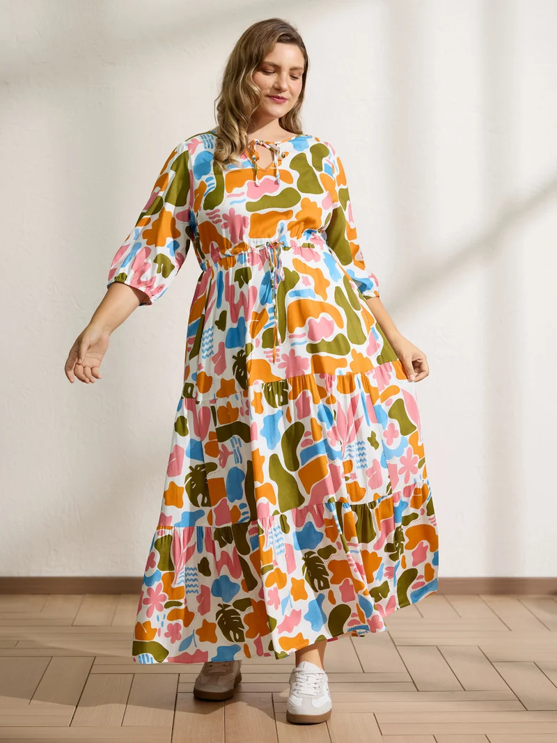 Abstract Print Neck-Tie Pockets Maxi Dress
