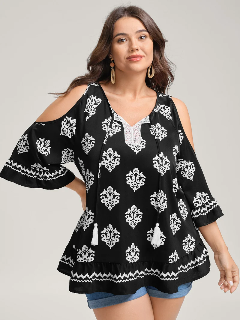 Floral Print Lace Neck Flared Sleeve Blouse