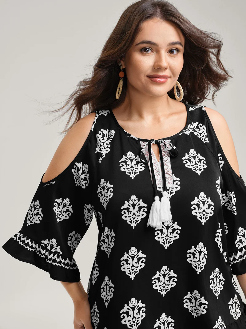 Floral Print Lace Neck Flared Sleeve Blouse