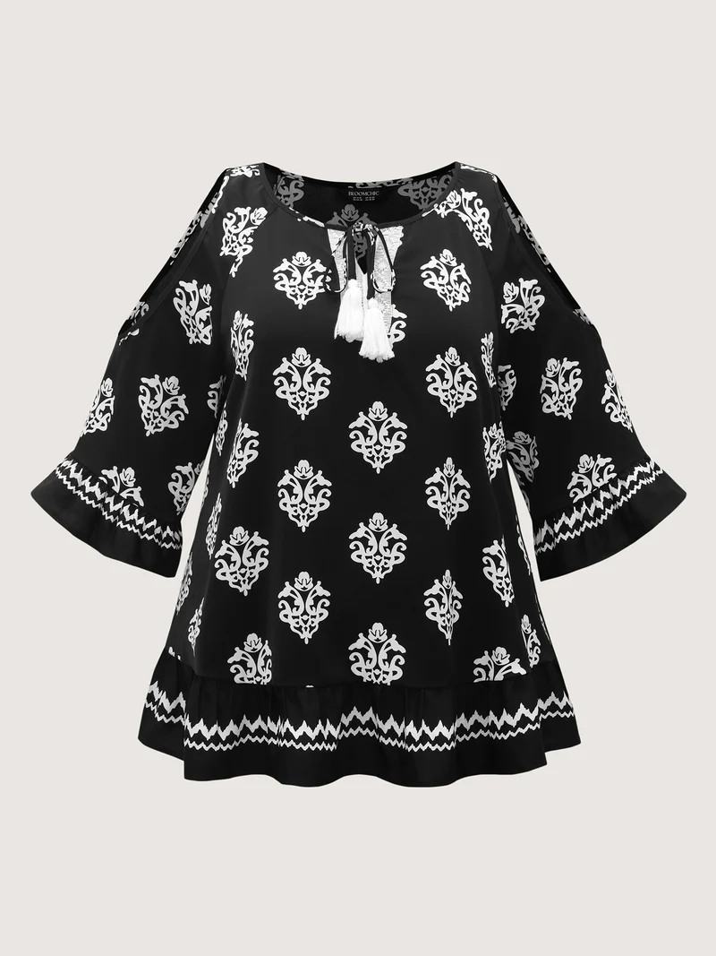 Floral Print Lace Neck Flared Sleeve Blouse