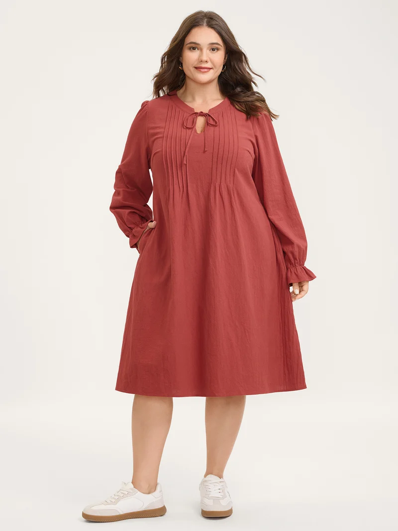Pure Cotton Pleated Pockets Midi Dress