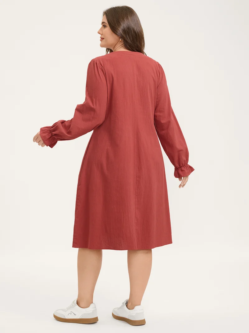 Pure Cotton Pleated Pockets Midi Dress