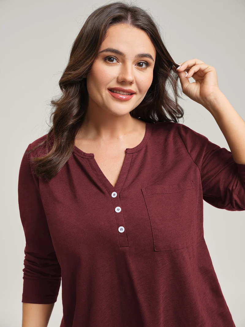 Stretchy Split Button Neckline Basic T-Shirt