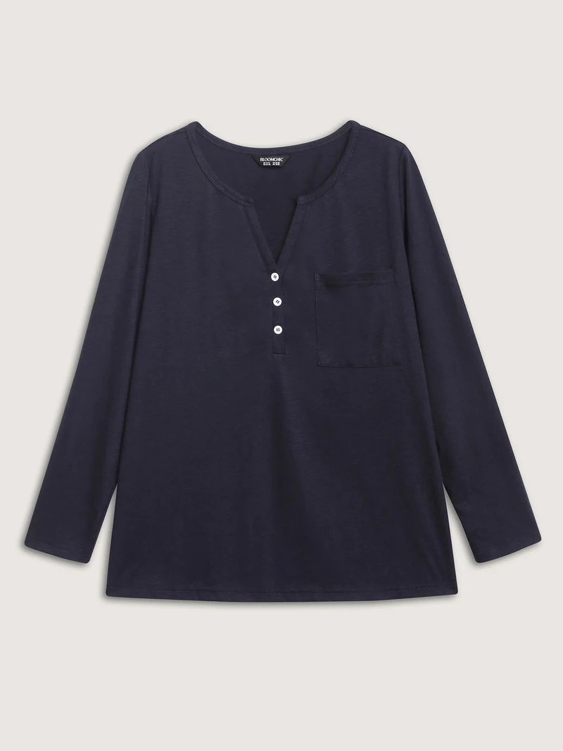 Stretchy Split Button Neckline Basic T-Shirt