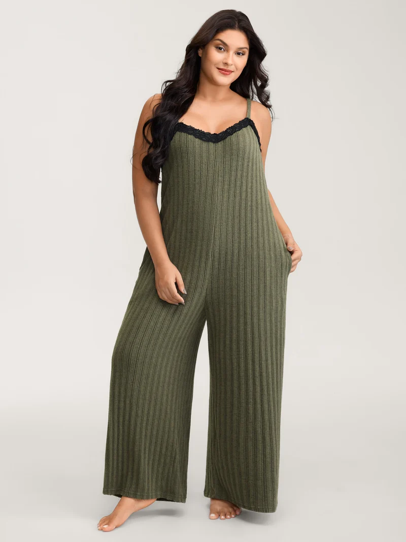 Ribbed Texture Lace Adjustable Lounge Jumpsuit