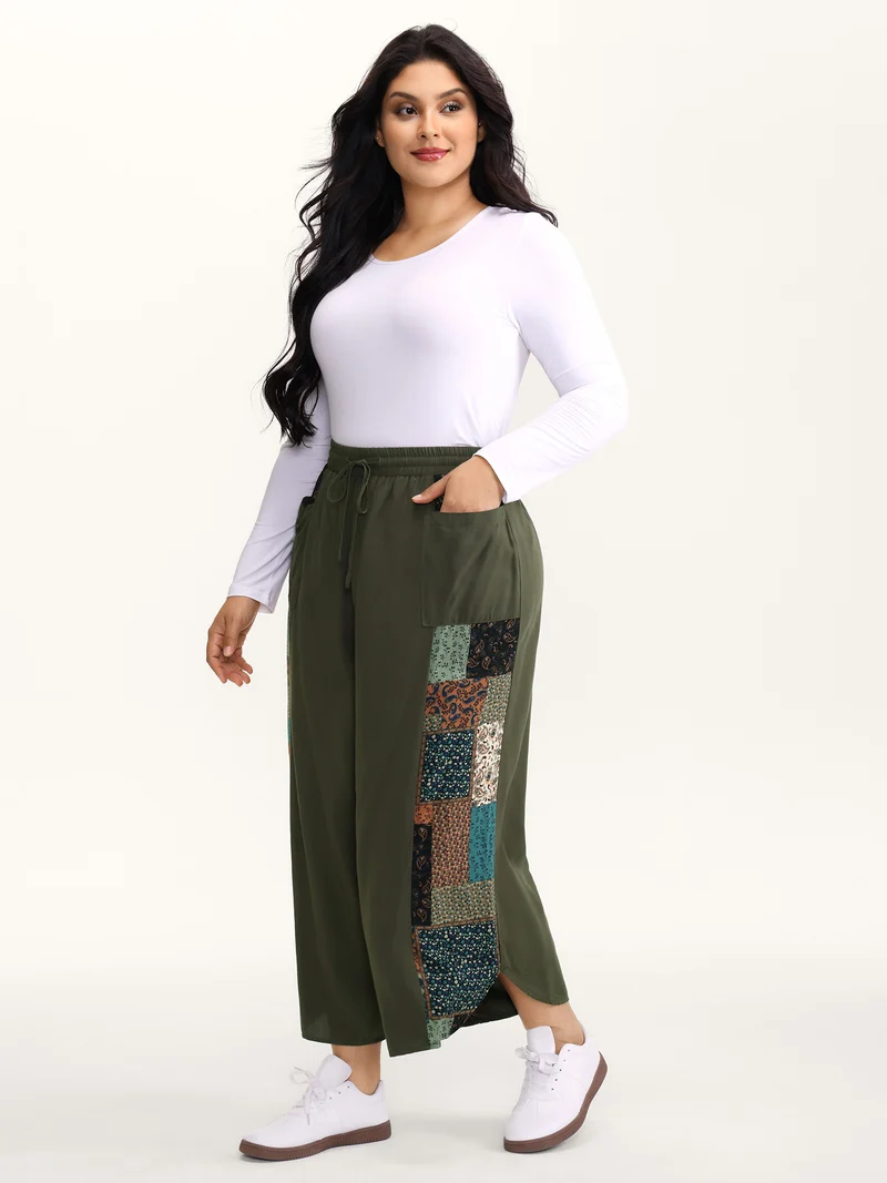 Patch Print Drawstring Wide-Leg Pants
