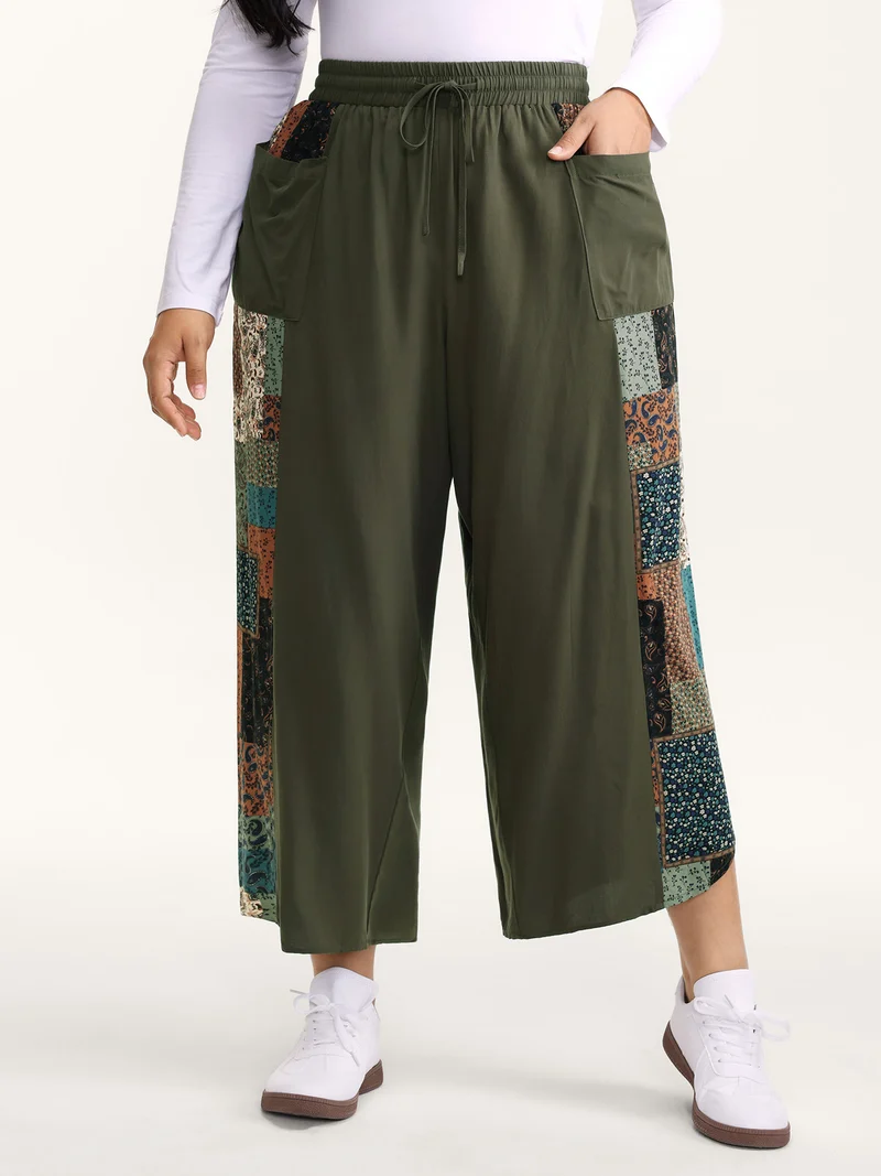 Patch Print Drawstring Wide-Leg Pants