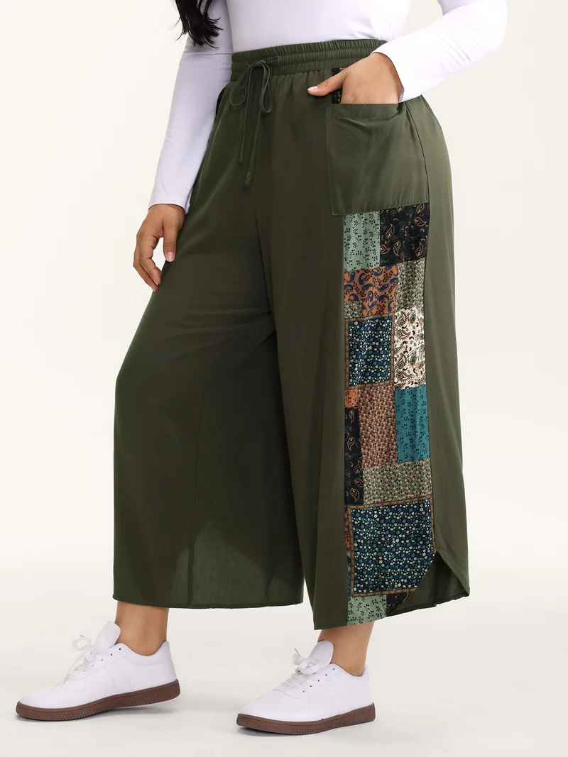 Patch Print Drawstring Wide-Leg Pants