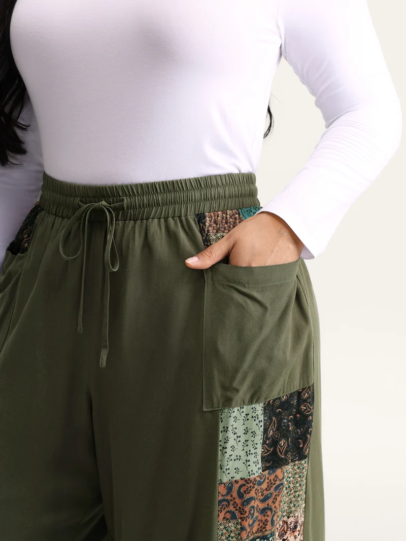 Patch Print Drawstring Wide-Leg Pants