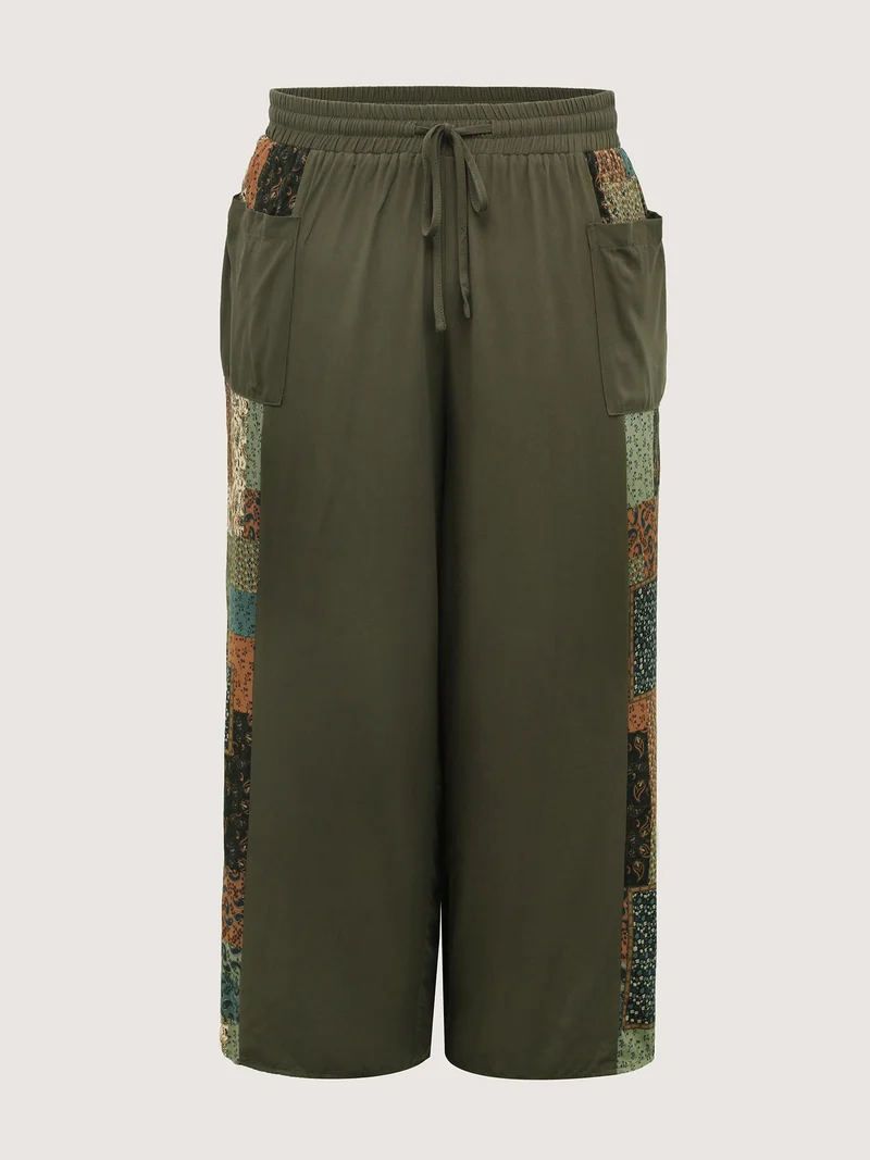 Patch Print Drawstring Wide-Leg Pants