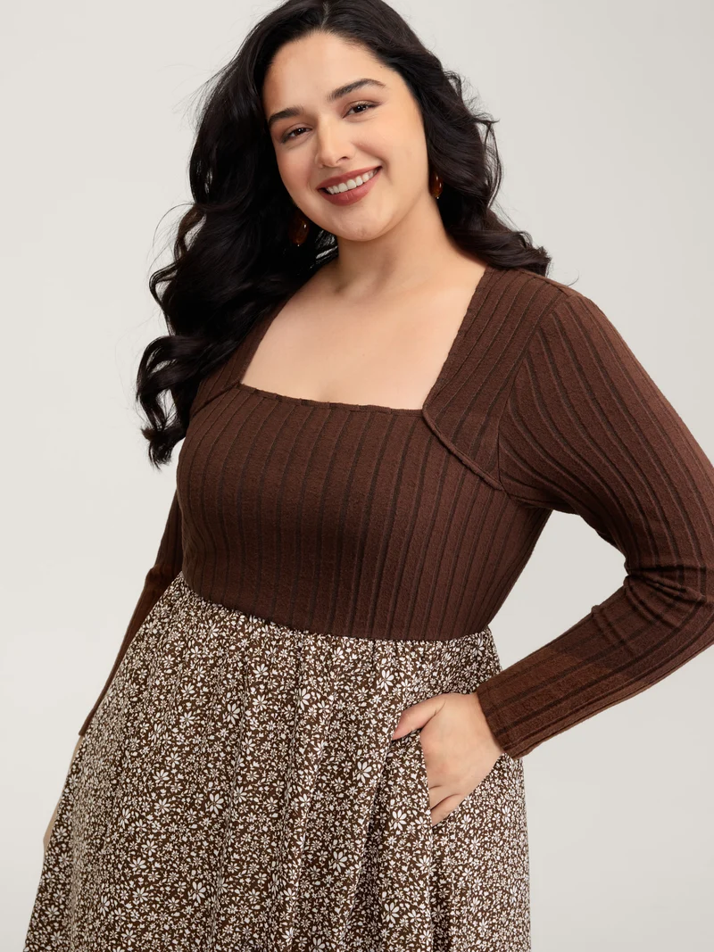 Stretchy Waist Retro Contrast Midi Dress