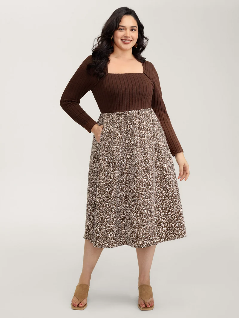 Stretchy Waist Retro Contrast Midi Dress