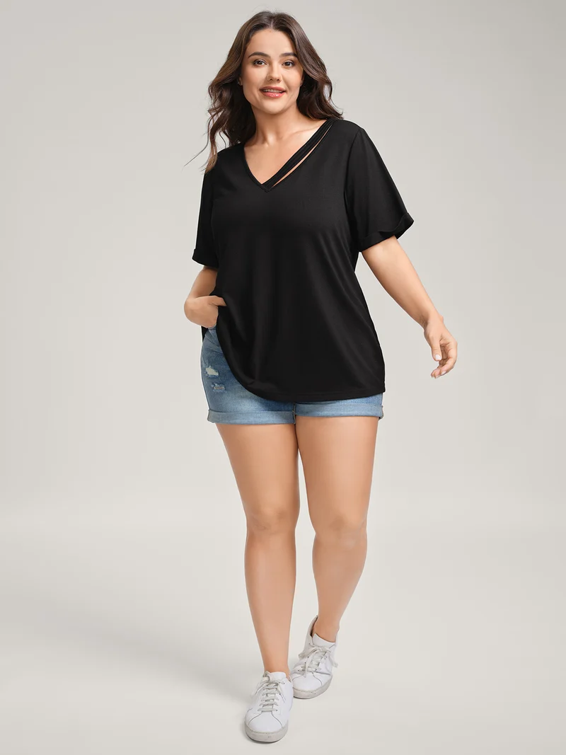 Neck Cut-Out Plain T-Shirt