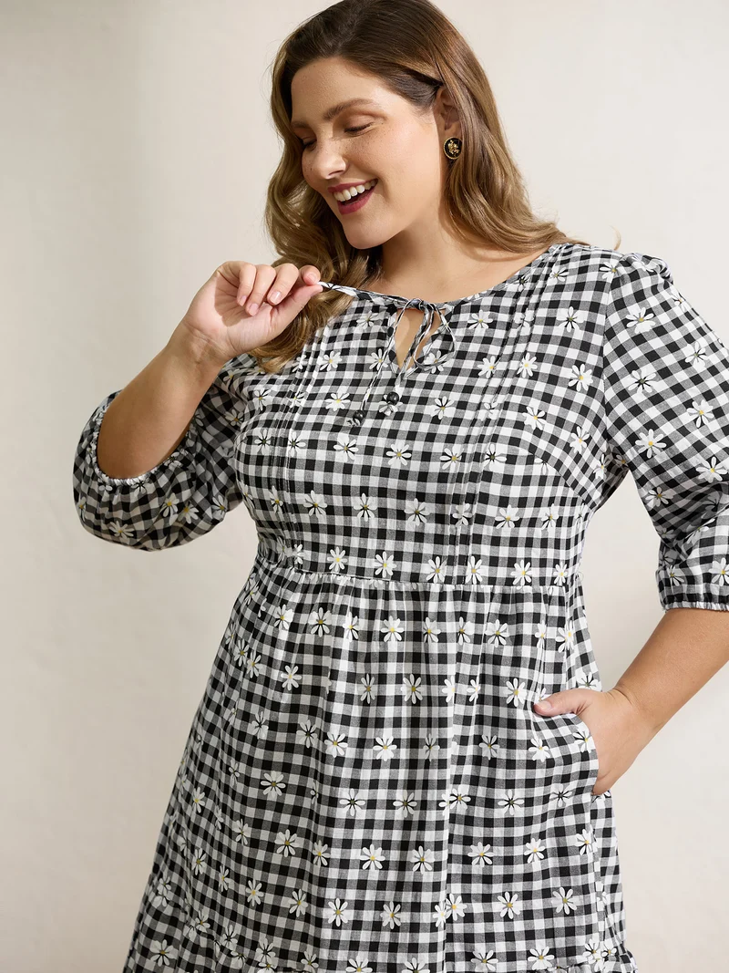 Plaid Floral High-Waist Midi Dress