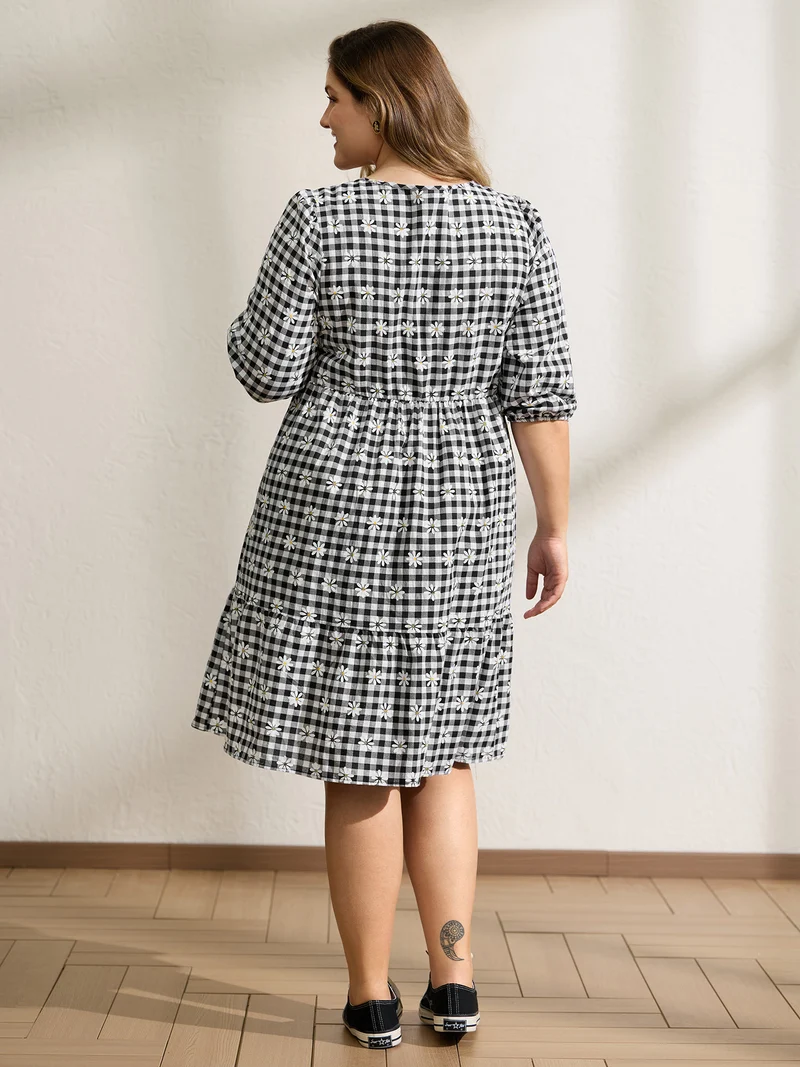 Plaid Floral High-Waist Midi Dress