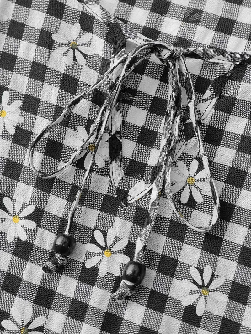 Plaid Floral High-Waist Midi Dress