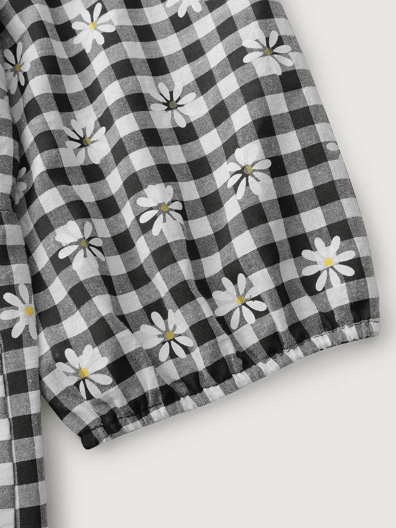 Plaid Floral High-Waist Midi Dress