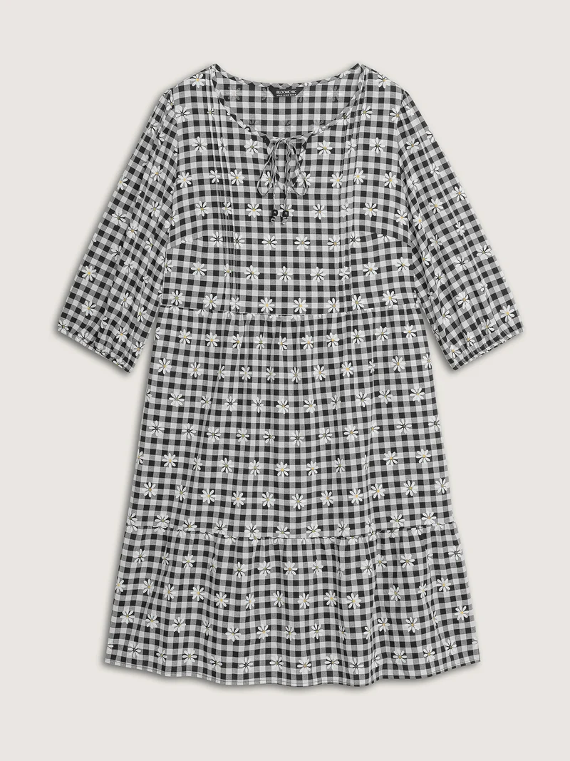 Plaid Floral High-Waist Midi Dress