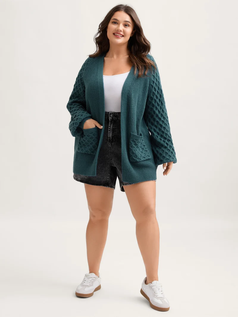Textured Balloon Sleeve Pockets Knit Cardigan