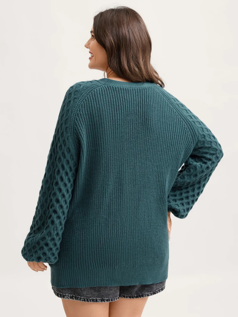 Textured Balloon Sleeve Pockets Knit Cardigan