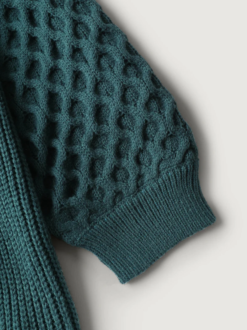 Textured Balloon Sleeve Pockets Knit Cardigan