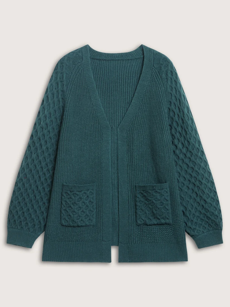 Textured Balloon Sleeve Pockets Knit Cardigan