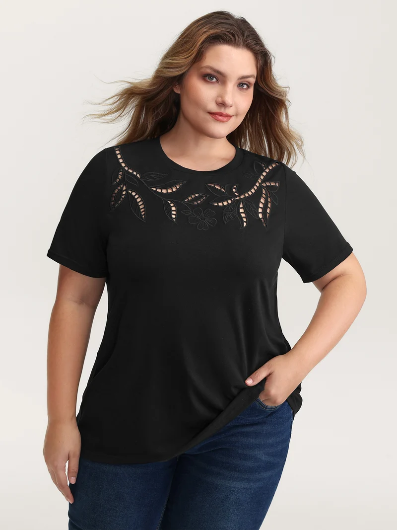 Stretchy Embroidered Cut-Out T-Shirt