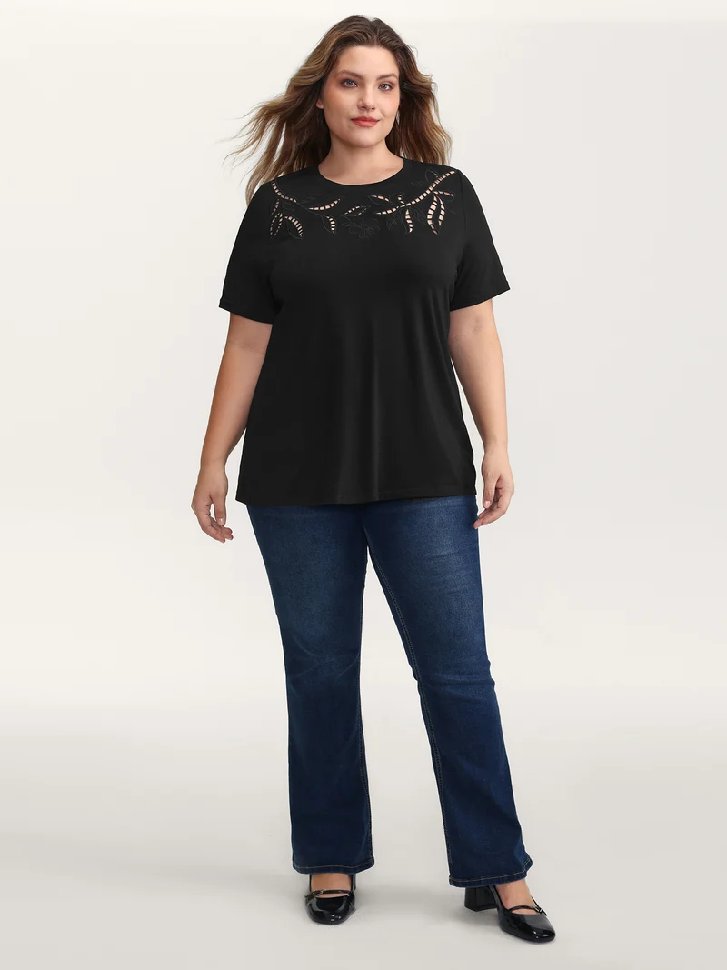 Stretchy Embroidered Cut-Out T-Shirt