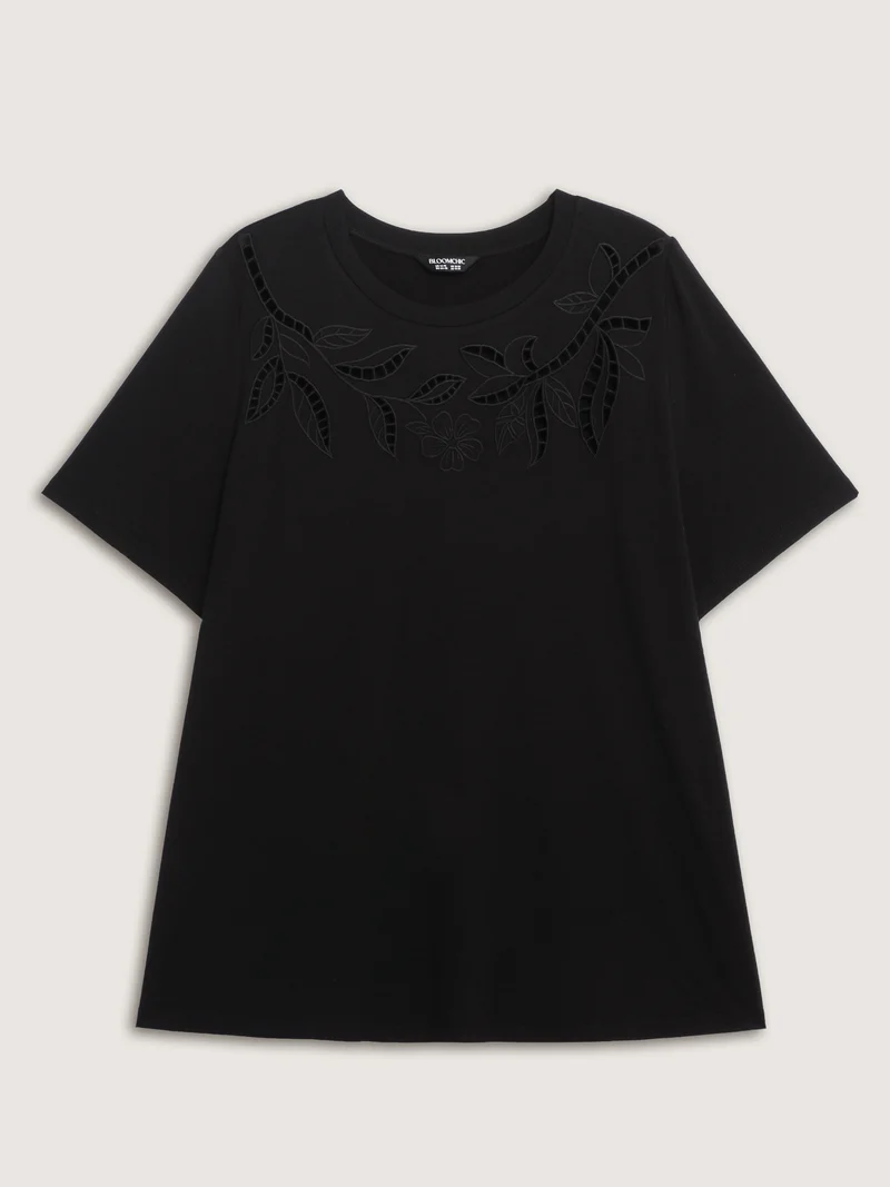 Stretchy Embroidered Cut-Out T-Shirt