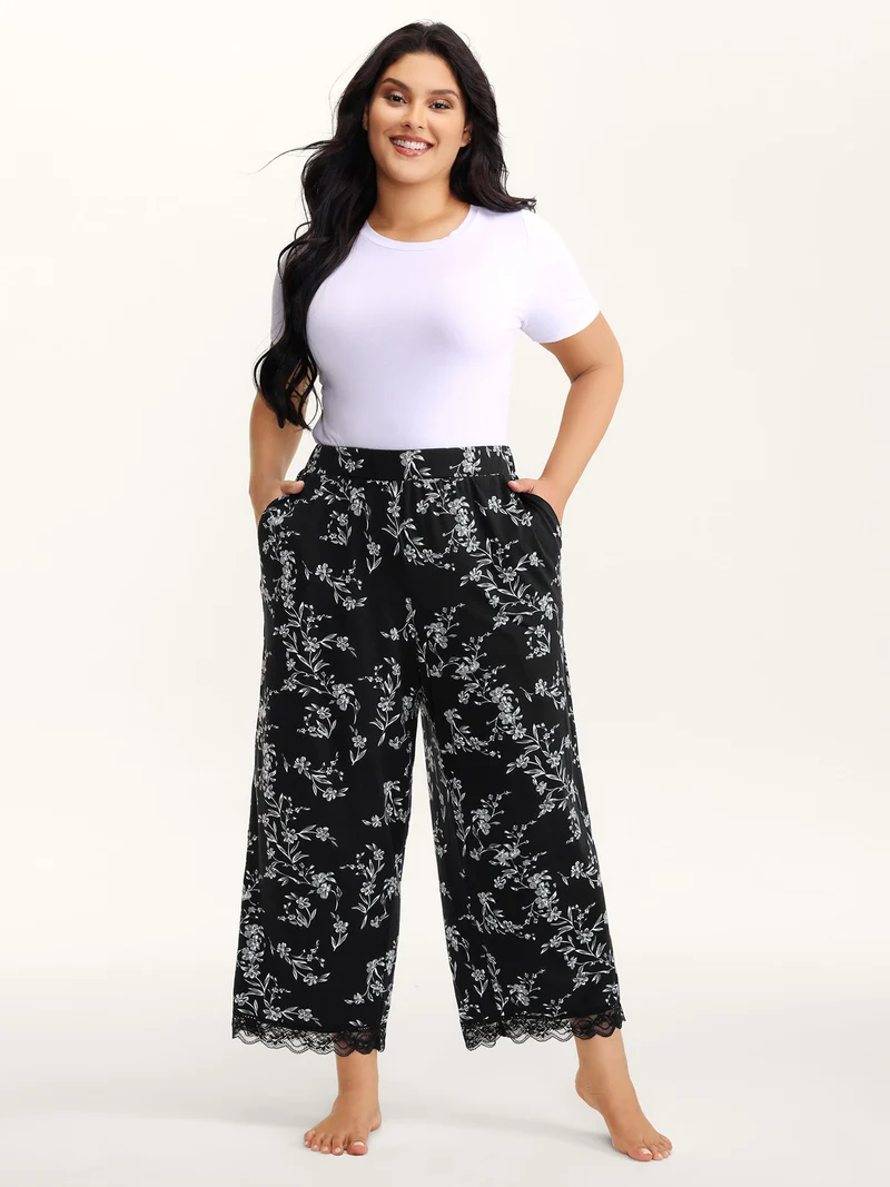 Romantic Floral Print Lace Lounge Bottoms