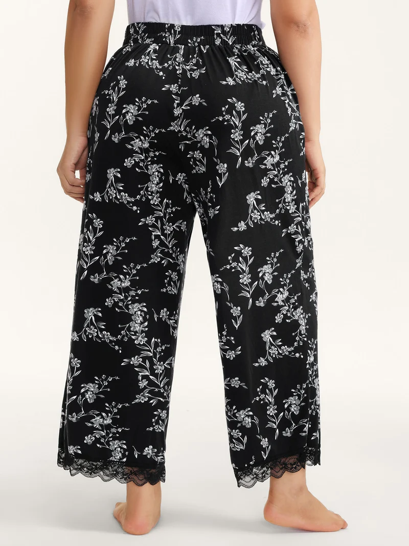 Romantic Floral Print Lace Lounge Bottoms