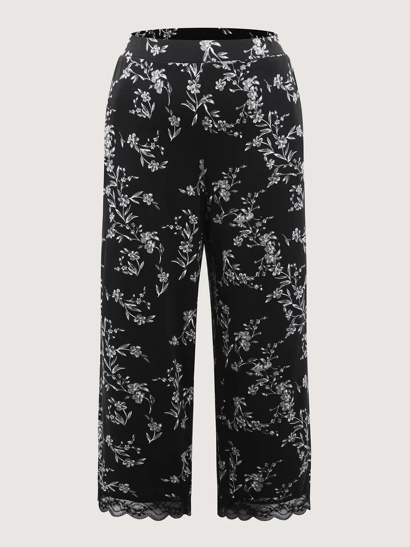 Romantic Floral Print Lace Lounge Bottoms