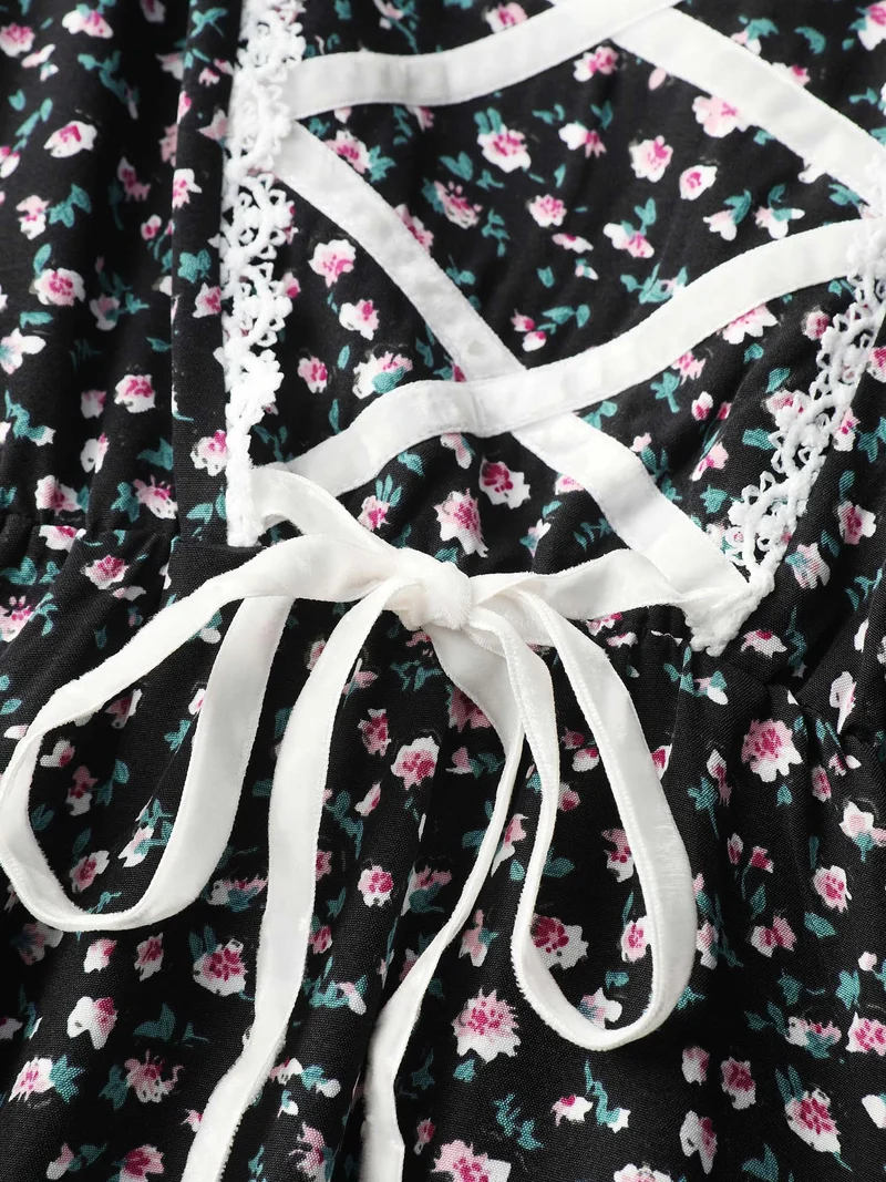 Micro Floral Print Adjustable Drawstring Maxi Dress