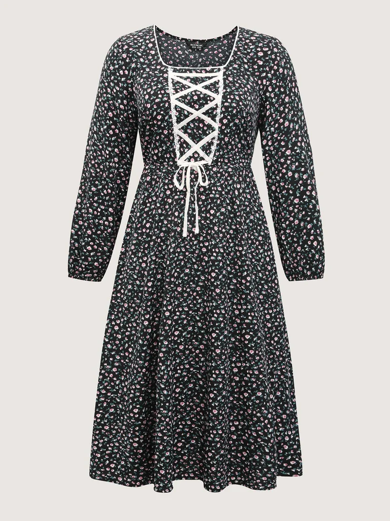 Micro Floral Print Adjustable Drawstring Maxi Dress