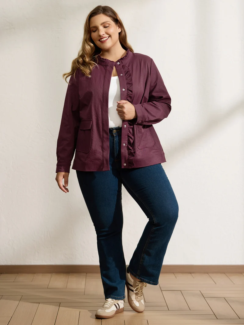 Ruffled Edge Cropped Hem Pocket Jacket