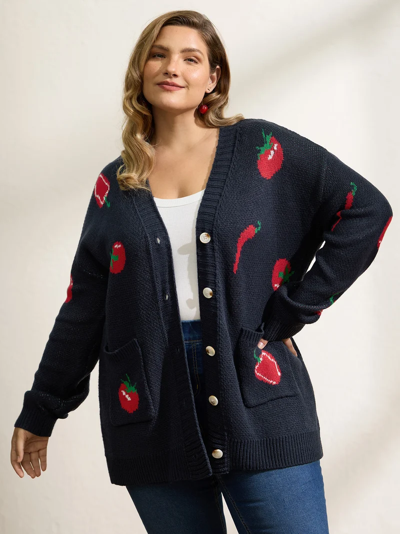 Tomato Chili Print Button Knit Cardigan