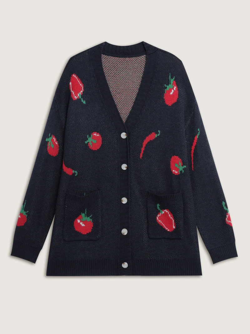 Tomato Chili Print Button Knit Cardigan