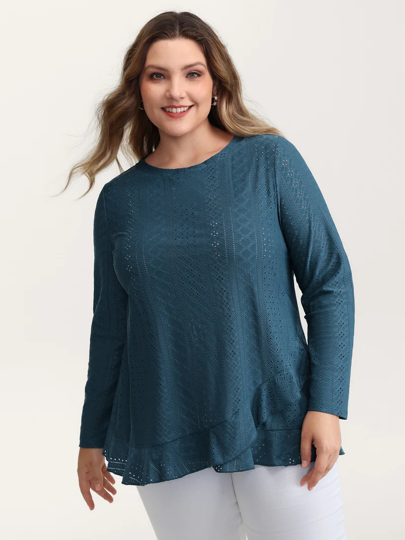 Eyelet Trim Overlap Ruffled Hem T-Shirt