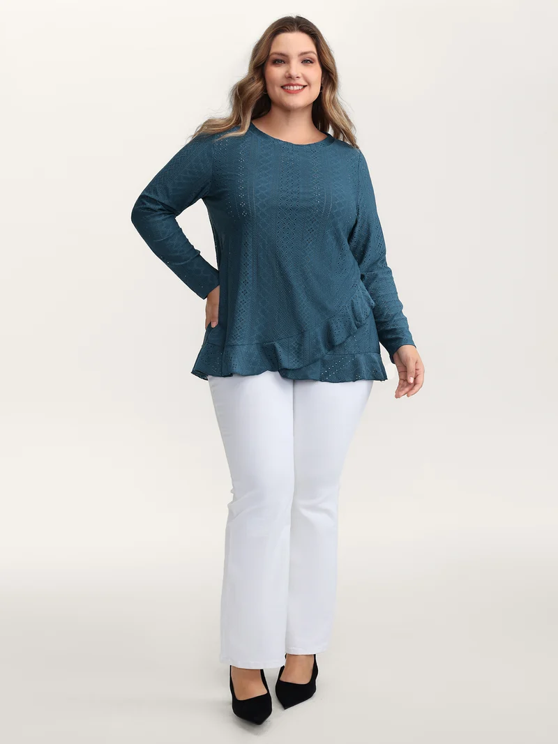 Eyelet Trim Overlap Ruffled Hem T-Shirt