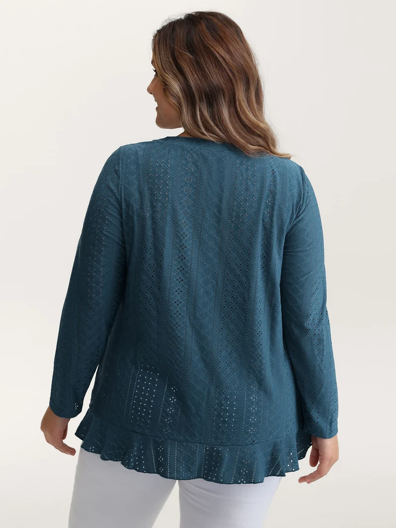 Eyelet Trim Overlap Ruffled Hem T-Shirt
