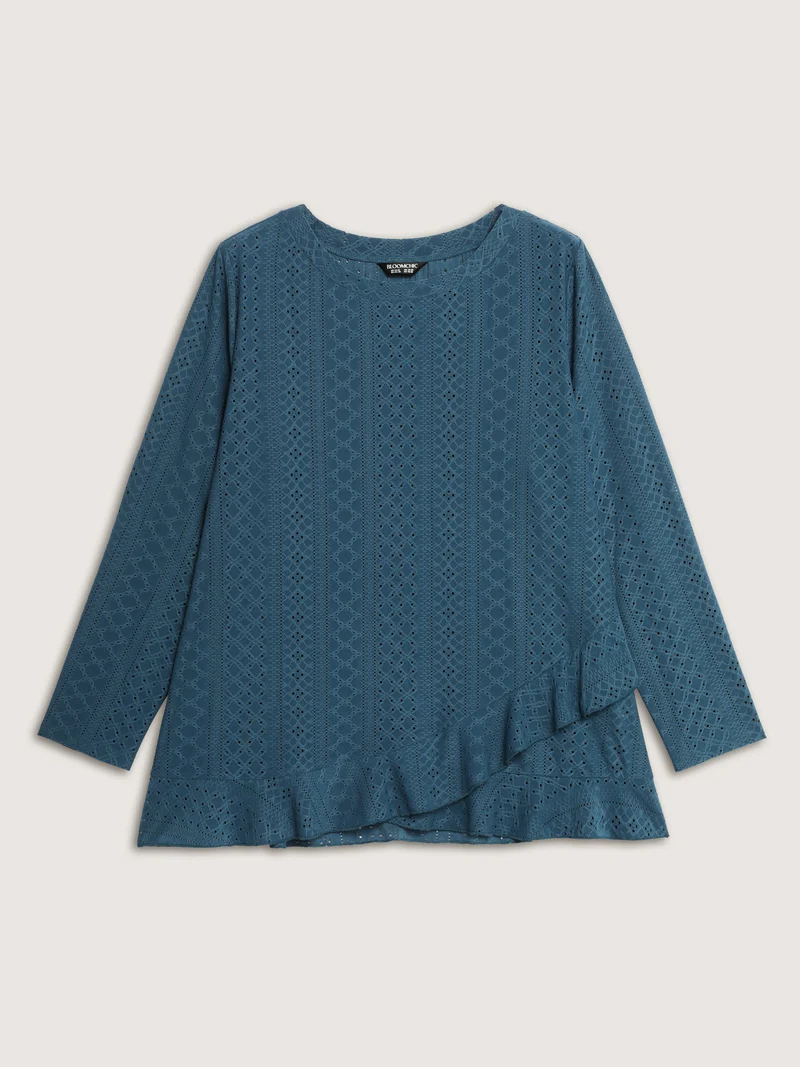 Eyelet Trim Overlap Ruffled Hem T-Shirt