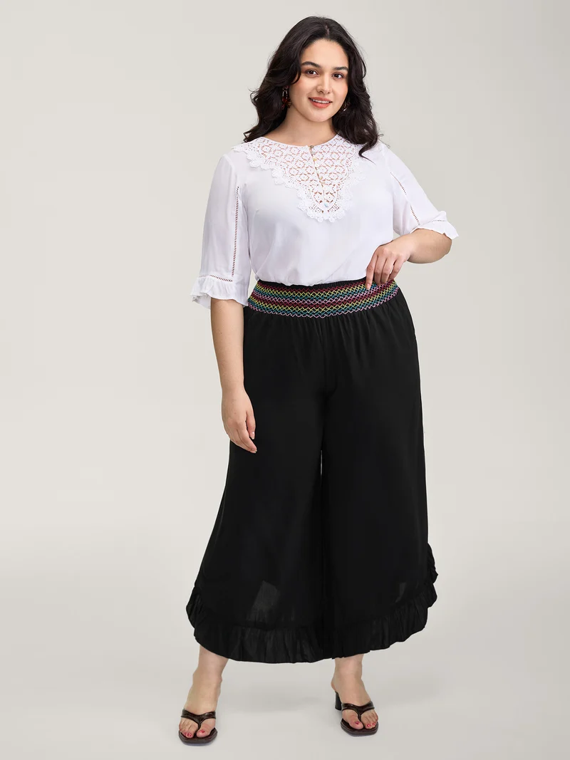 Colorful Shirred Waistband Ruffled Hem Pants