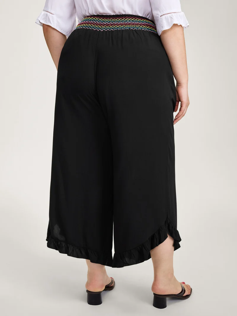 Colorful Shirred Waistband Ruffled Hem Pants