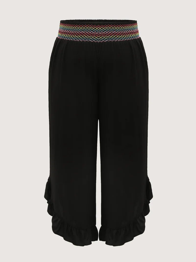 Colorful Shirred Waistband Ruffled Hem Pants