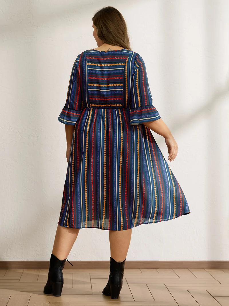 Colorful Stripes Stretchy Waist Midi Dress