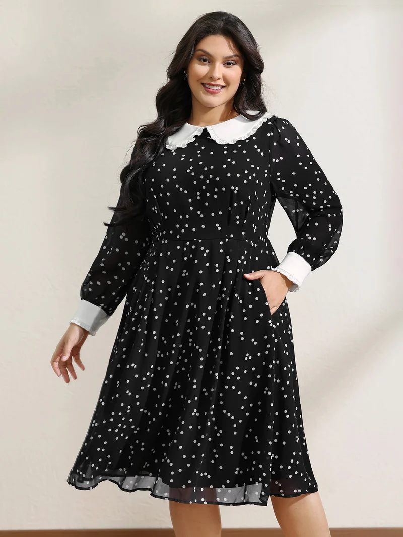 Polka Dots Doll Collar Contrast Midi Dress