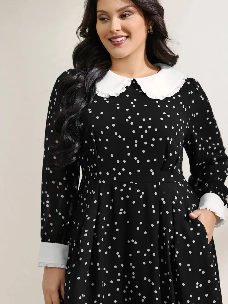 Polka Dots Doll Collar Contrast Midi Dress